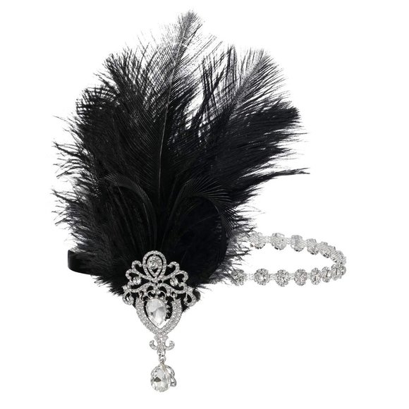 SWEETV 1920s Black Ostrich Feather Headpiece - Ribbon Tie - Picture 2 of 7